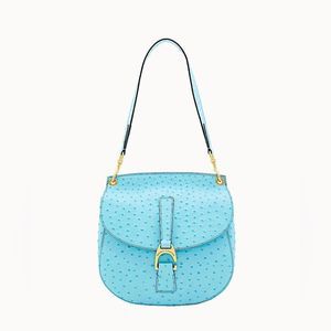 Dooney & Bourke Light Blue Ostrich-Effect Saddle Shoulder Bag with Gold Hardware